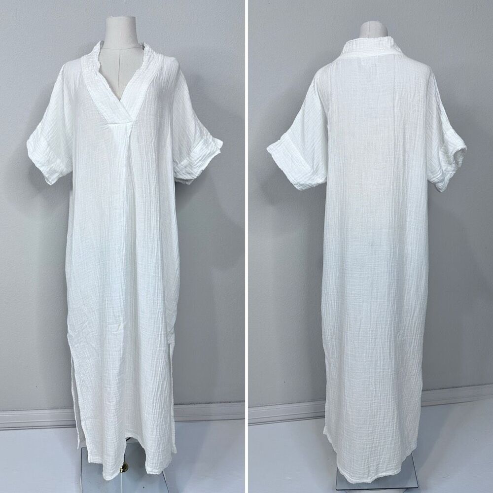 Honest Cotton White Double Gauze Maxi Caftan Dress One Size Resort Vacation - Picture 3 of 13